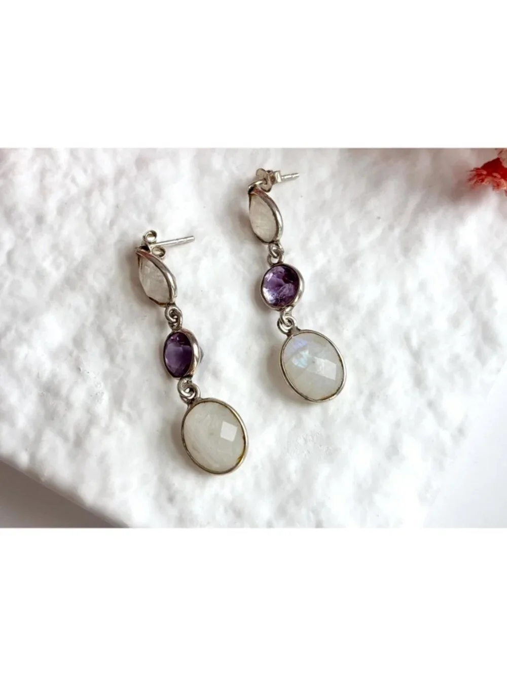 Moonstone & Amethyst Multi Gemstone Vintage Sterling Silver 925 Dangle Earrings